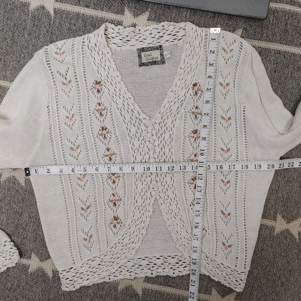 Vintage Hand Crafted Ramie Cotton Rosebud Crochet Cardigan Size S/M - Picture 12 of 12